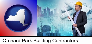 building contractor holding blueprints - cityscape background in Orchard Park, NY