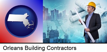 building contractor holding blueprints - cityscape background in Orleans, MA