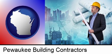 building contractor holding blueprints - cityscape background in Pewaukee, WI