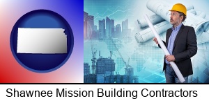 Shawnee Mission, Kansas - building contractor holding blueprints - cityscape background