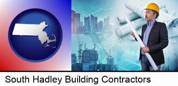 building contractor holding blueprints - cityscape background in South Hadley, MA