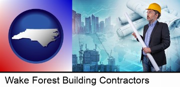 building contractor holding blueprints - cityscape background in Wake Forest, NC