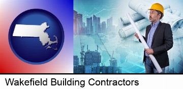 building contractor holding blueprints - cityscape background in Wakefield, MA