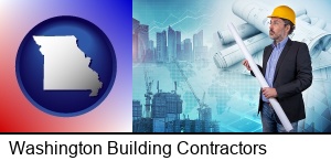 Washington, Missouri - building contractor holding blueprints - cityscape background