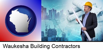 building contractor holding blueprints - cityscape background in Waukesha, WI