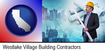 building contractor holding blueprints - cityscape background in Westlake Village, CA